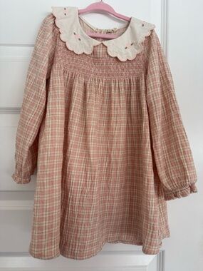 Quincy Mae Pink Plaid Long-Sleeve Dress with Scalloped Collar